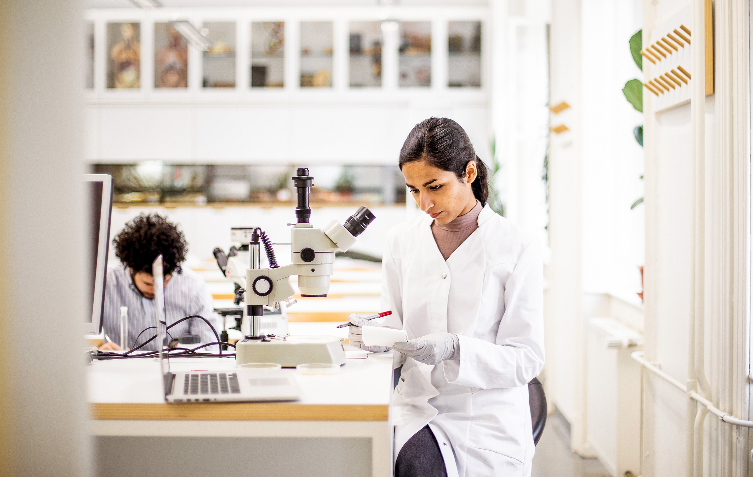 Scientist in lab coat examines sample under microscope in bright, modern laboratory setting