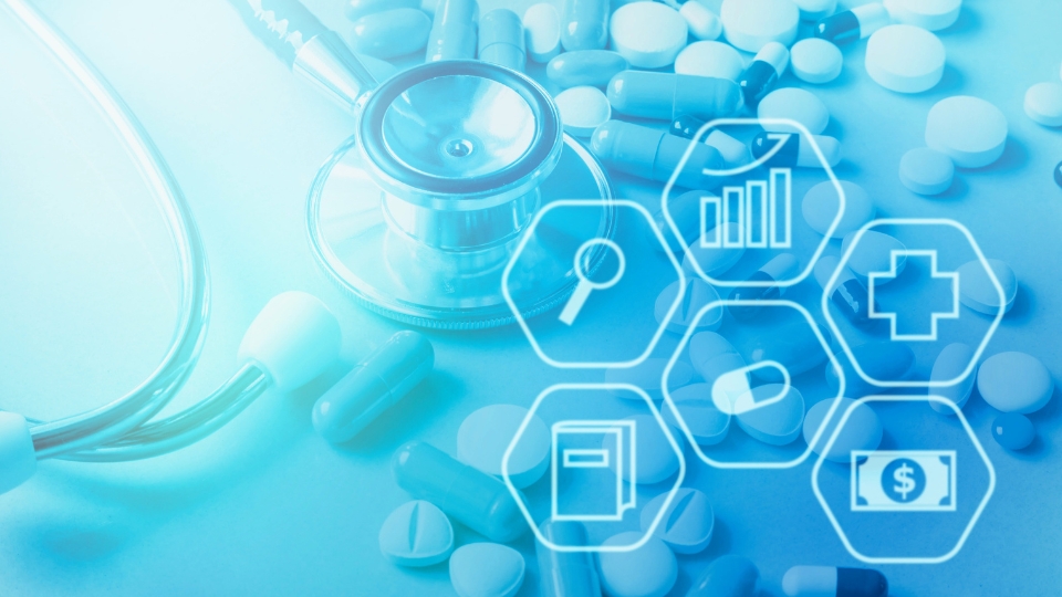 Blue-toned medical graphic with stethoscope, pills, and glowing hexagonal icons representing health tech elements