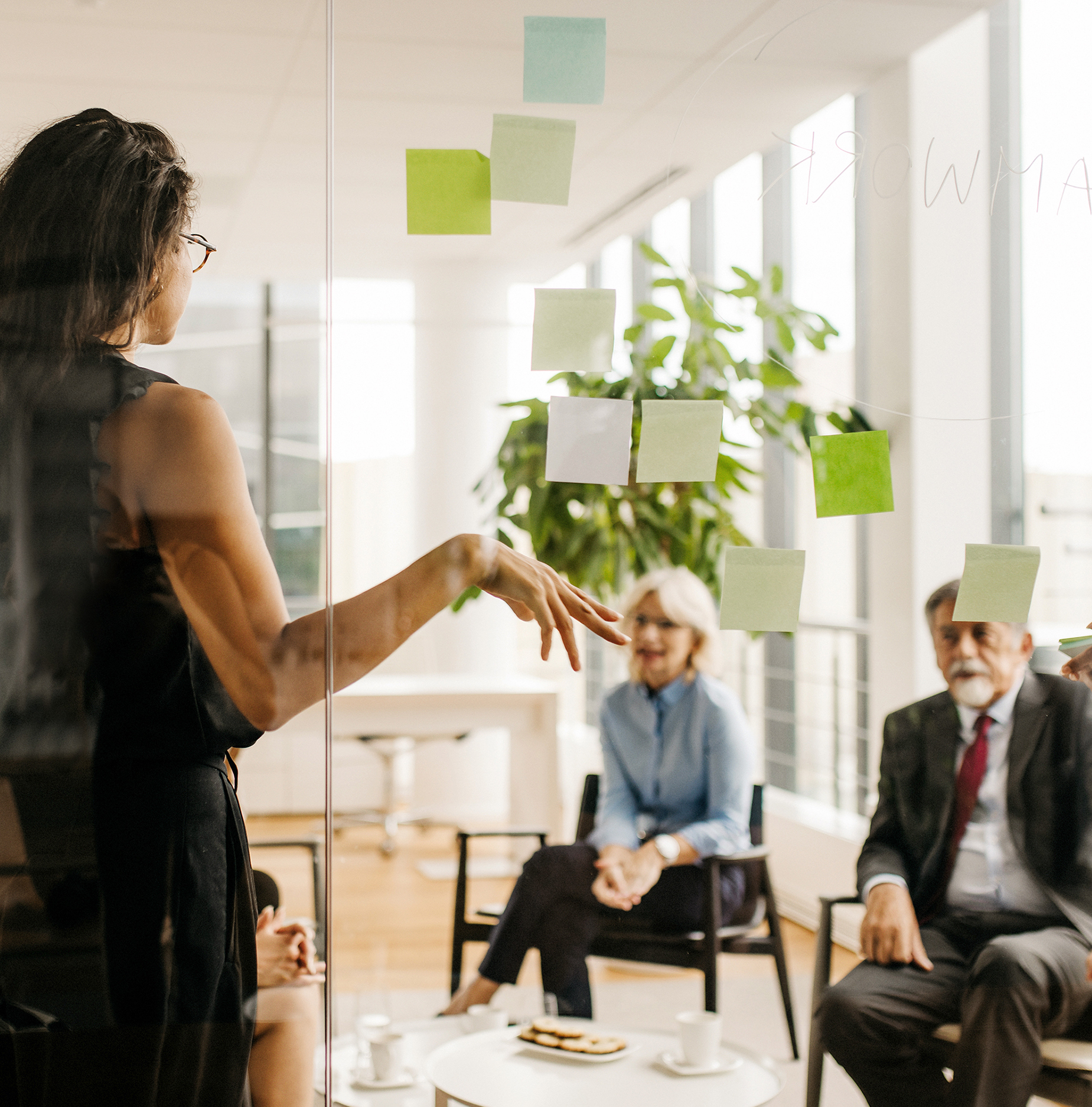 A woman standing in front of a clear presentation board with sticky notes attached presents to a group of people.