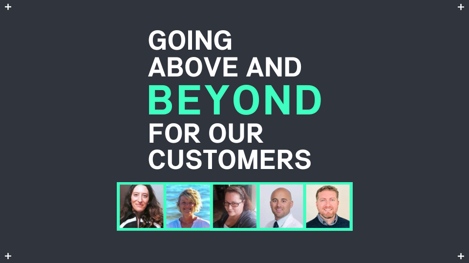 Four smiling professionals in a row beneath bold text Going Above and Beyond for Our Customers