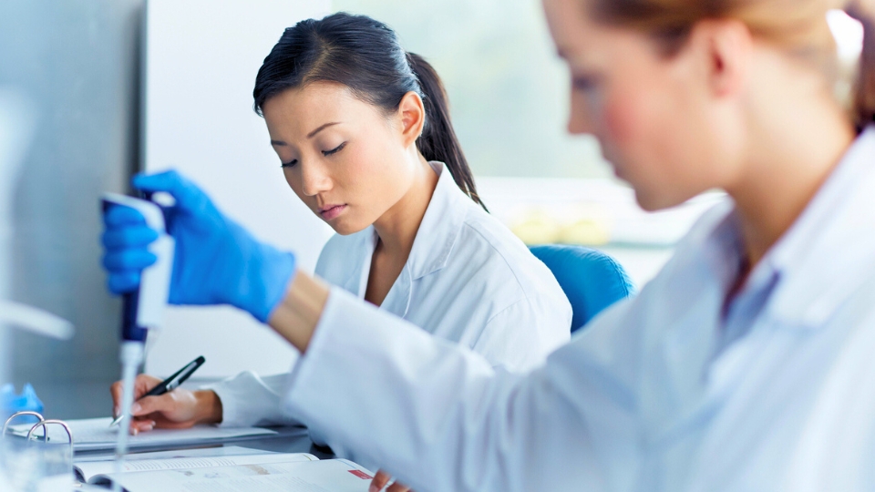 Two scientists in lab coats work with pipettes in a bright laboratory setting.