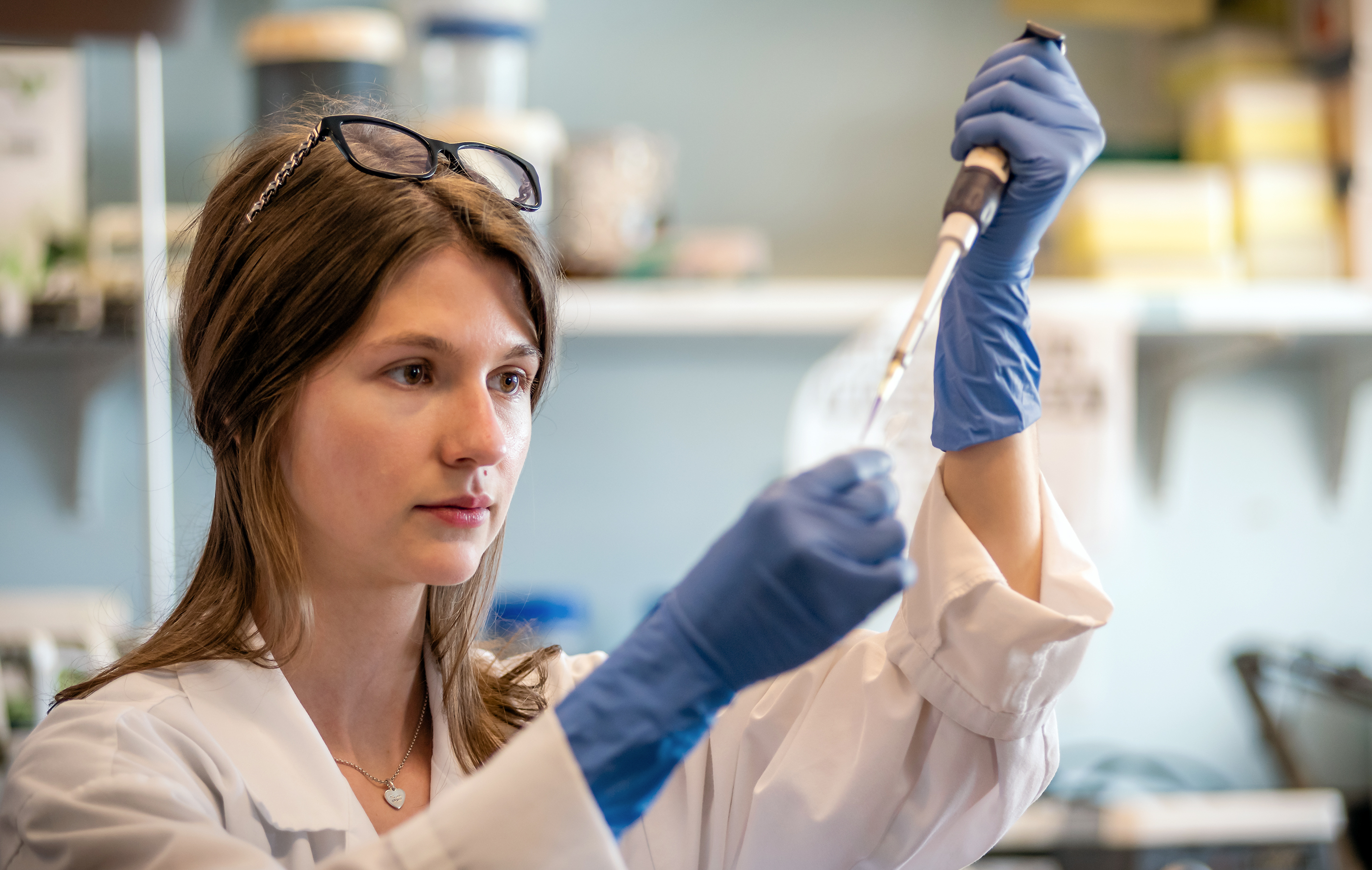 Lab technician wearing gloves and lab coat, holding pipette in a scientific laboratory setting.