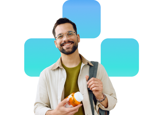 Young male with pill bottle and backpack