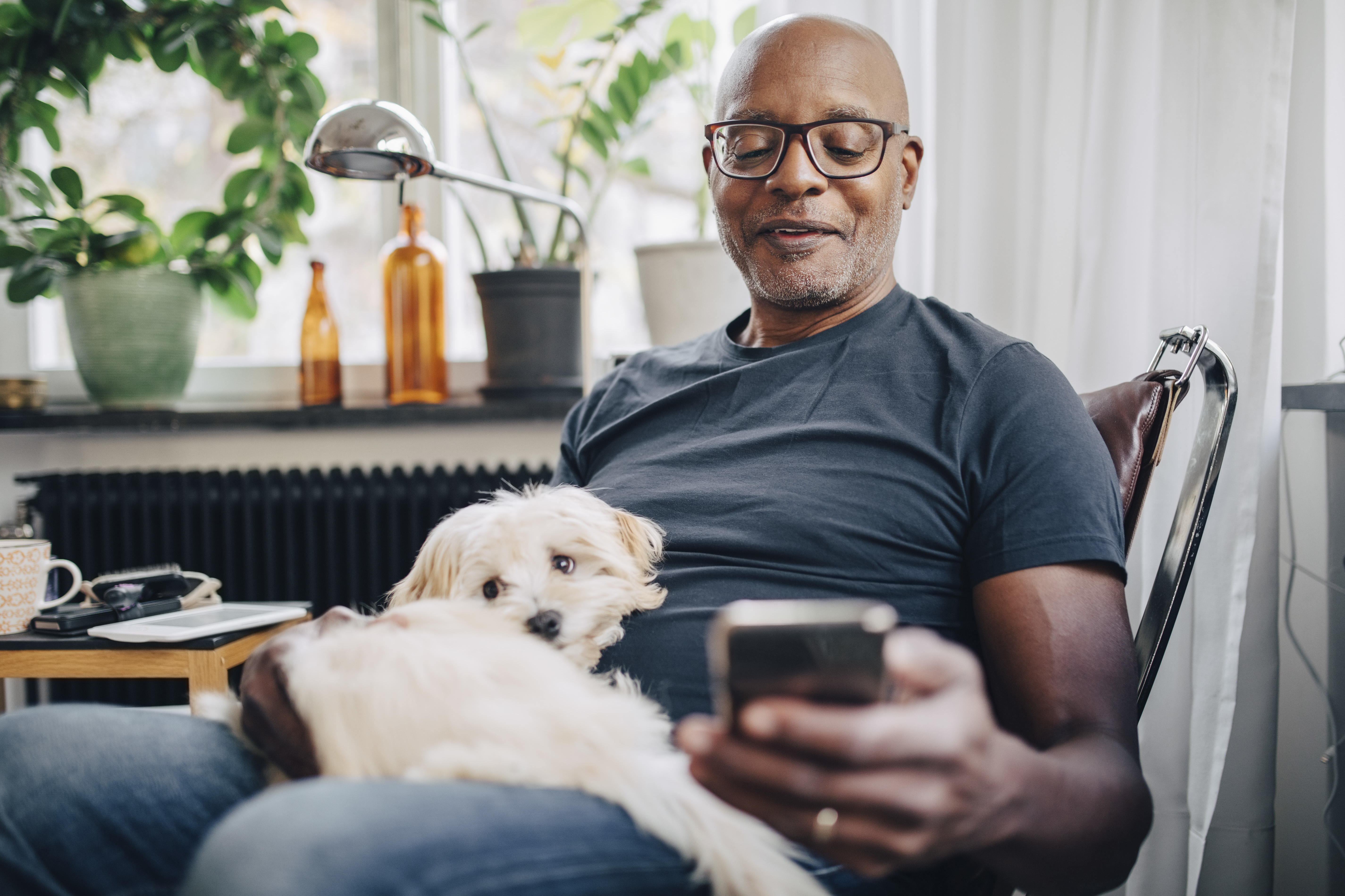 A man sits at home with a small dog and uses a smartphone