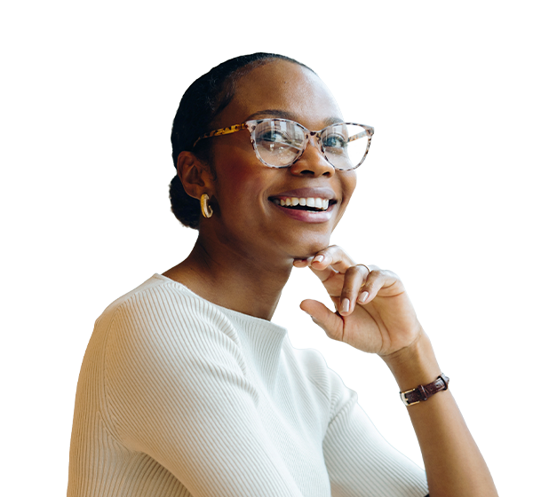 woman with glasses smiling