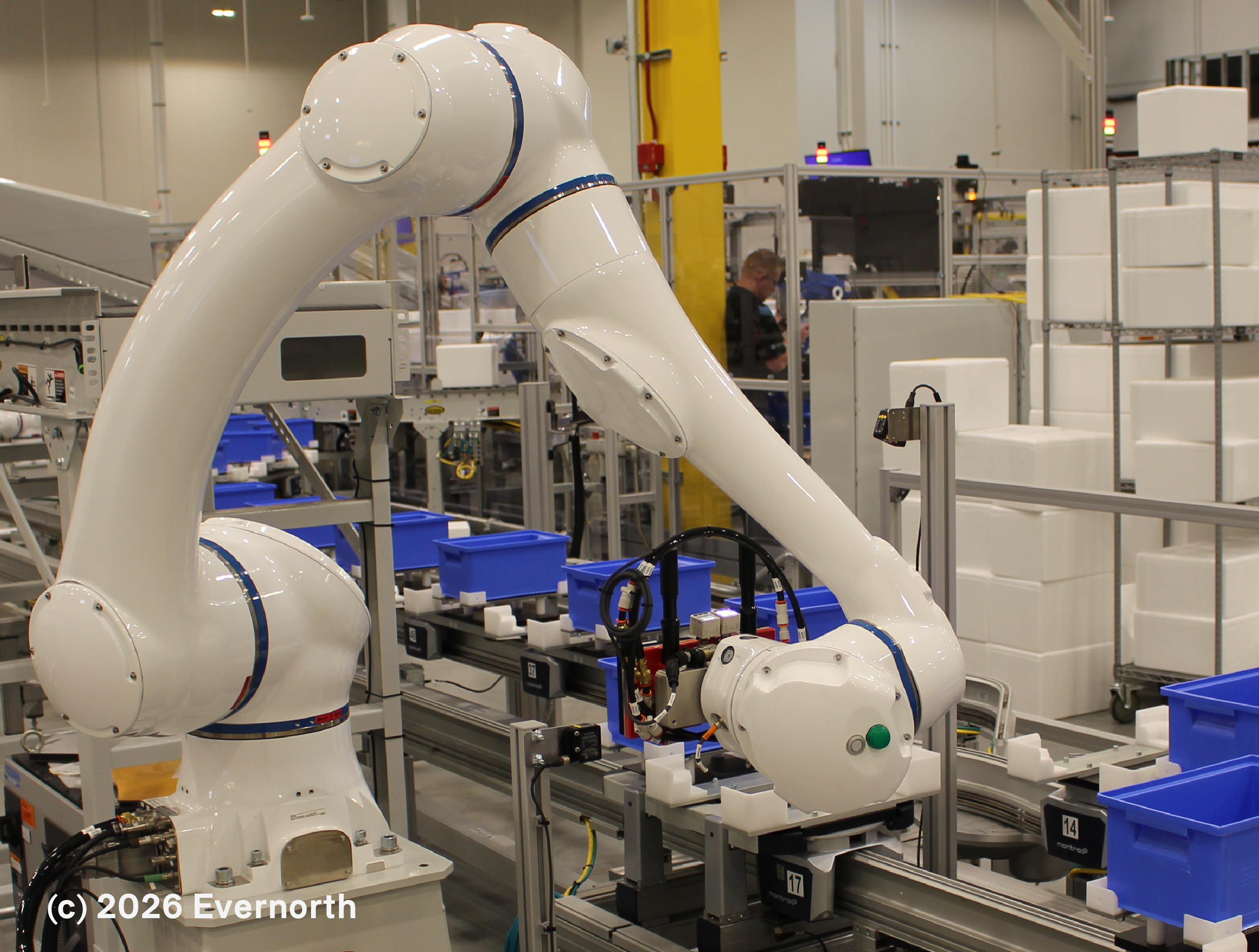 white robotic arm designed to ship medications at the Accredo specialty pharmacy care facility in Newark Delaware