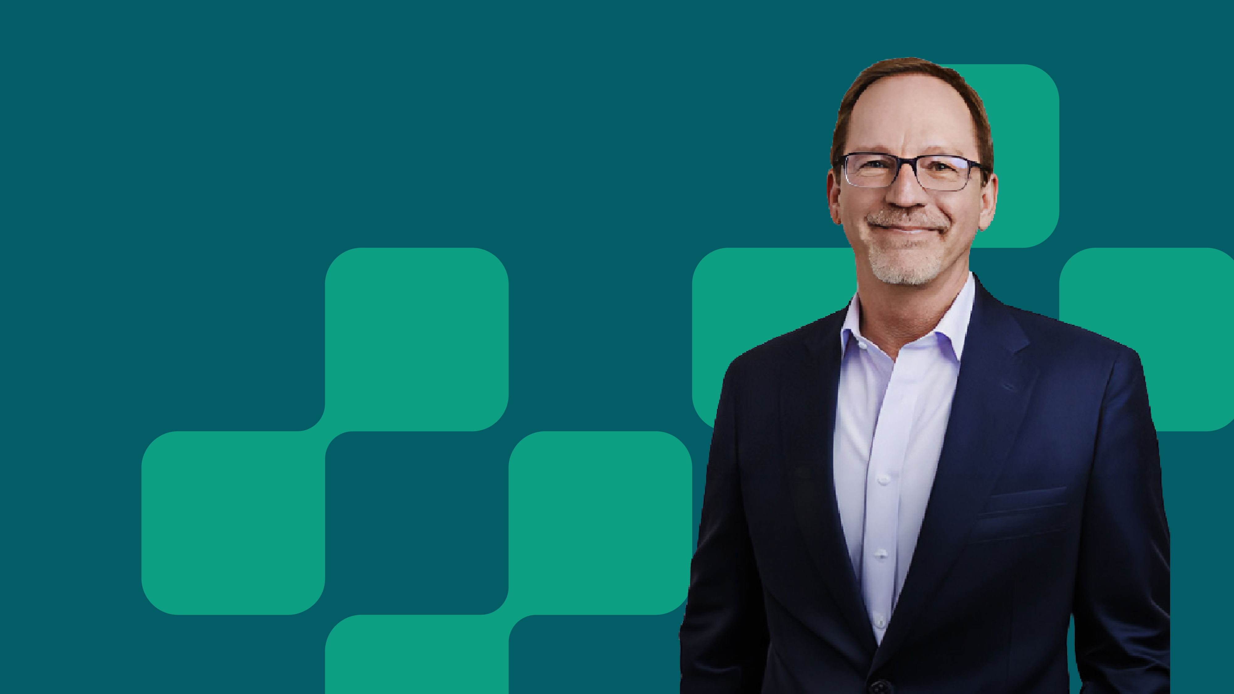 Mark Hahn professional headshot: wearing glasses, a blazer and button up against an illustrative green background