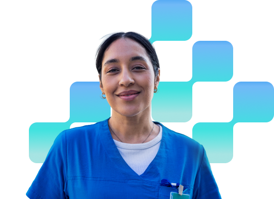 doctor in blue scrubs smiling