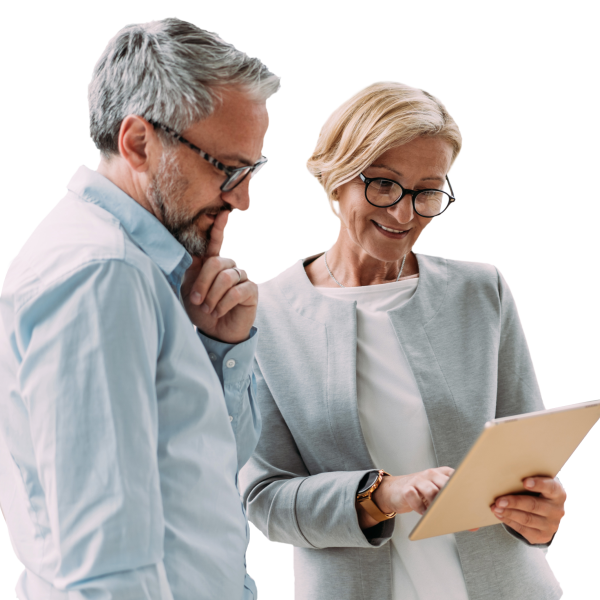 male and female reviewing data