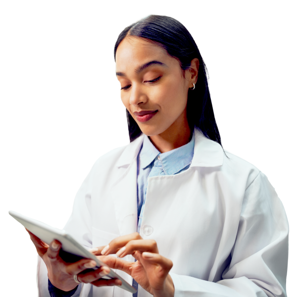female in lab coat with tablet