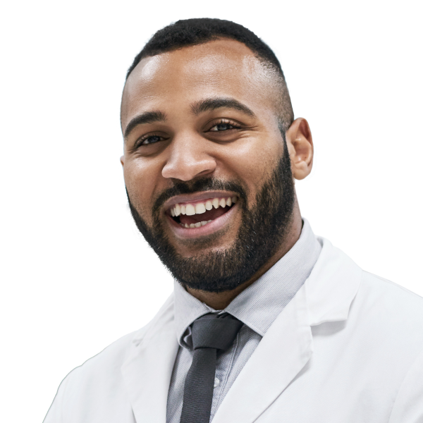male in pharmacy jacket smiling