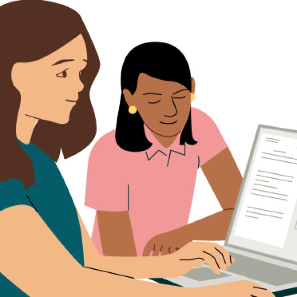 cobrand illustration of woman viewing laptop while another woman watches