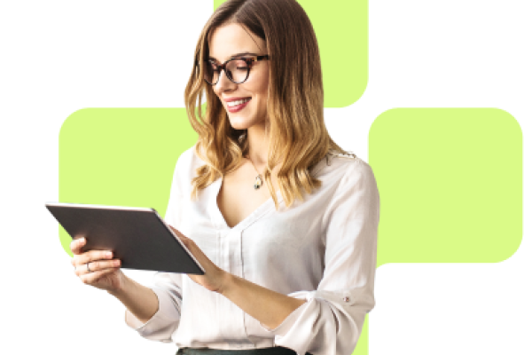 woman with tablet with hypermint plus background