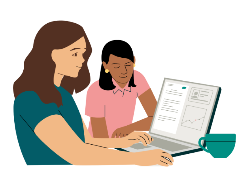 cobrand illustration of woman viewing laptop while another woman watches