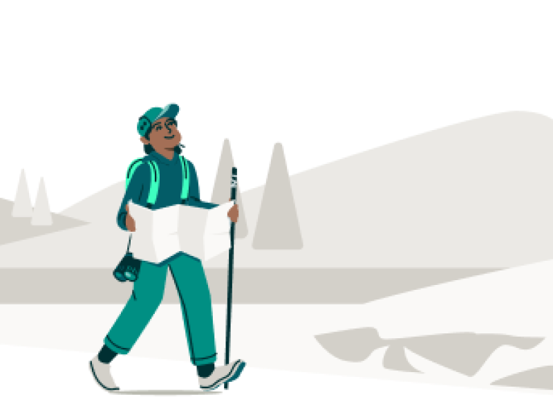 Illustration of hiker with mountains in background