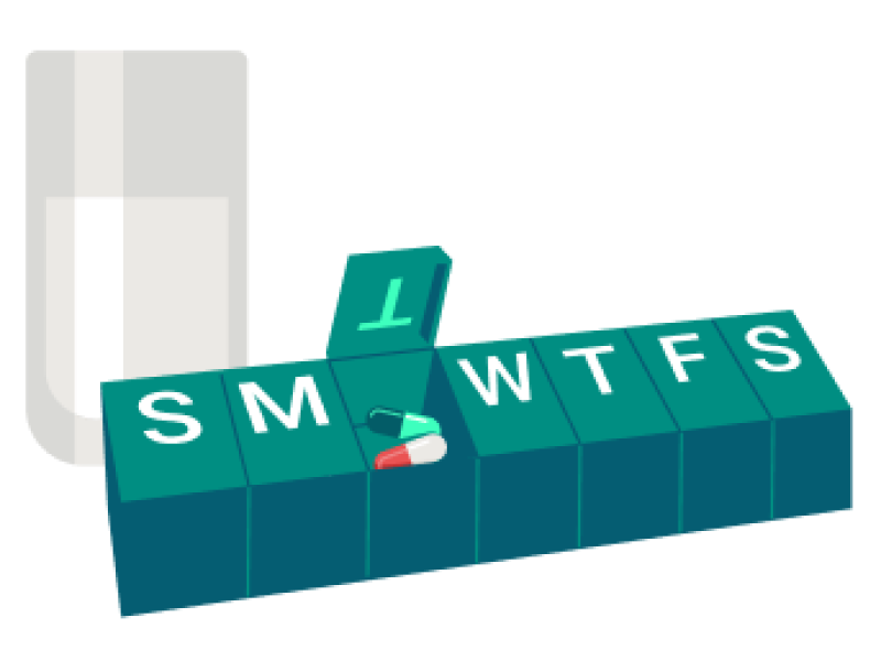Illustration  of weekly pill box with glass of water