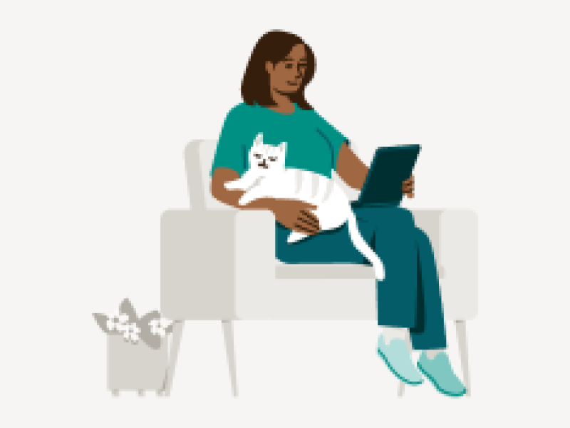 illustration of a woman sitting with her cat while on a laptop
