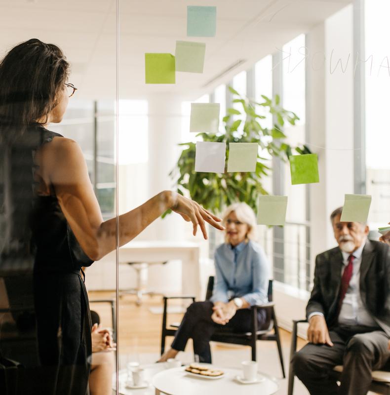 A woman standing in front of a clear presentation board with sticky notes attached presents to a group of people.